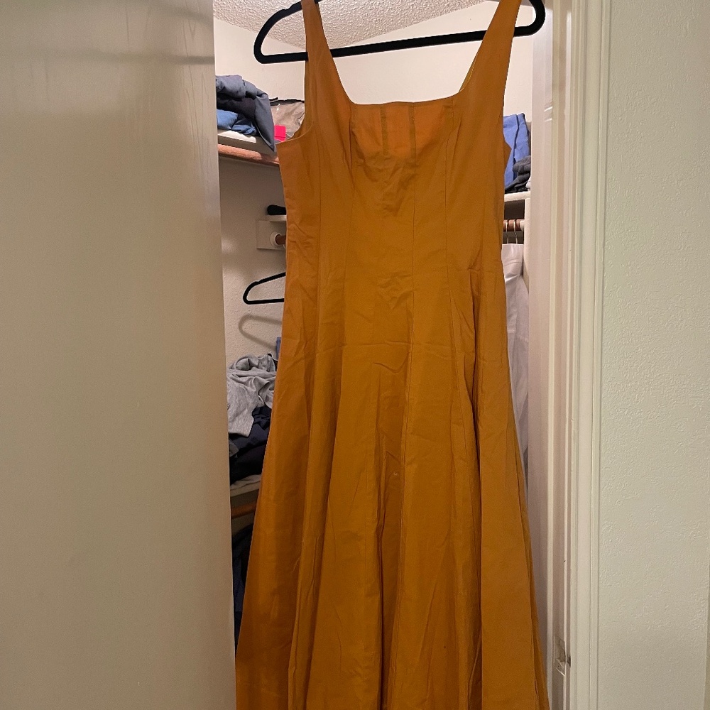 Staud midi dress, mustard/honey, A-line, size 8